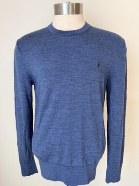 All Saints Mens Light Blue Merino Wool Crew Neck Long Sleeve Sweater Size L